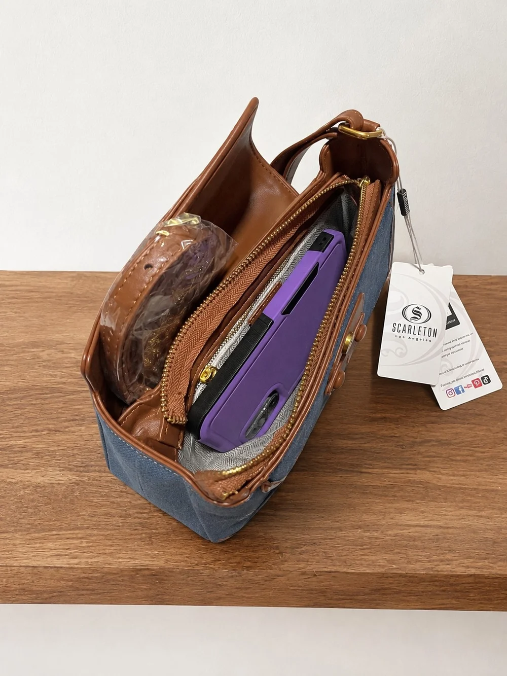 Blue Denim Shoulder Bag with Brown Trim With Detachable Crossbody Strap